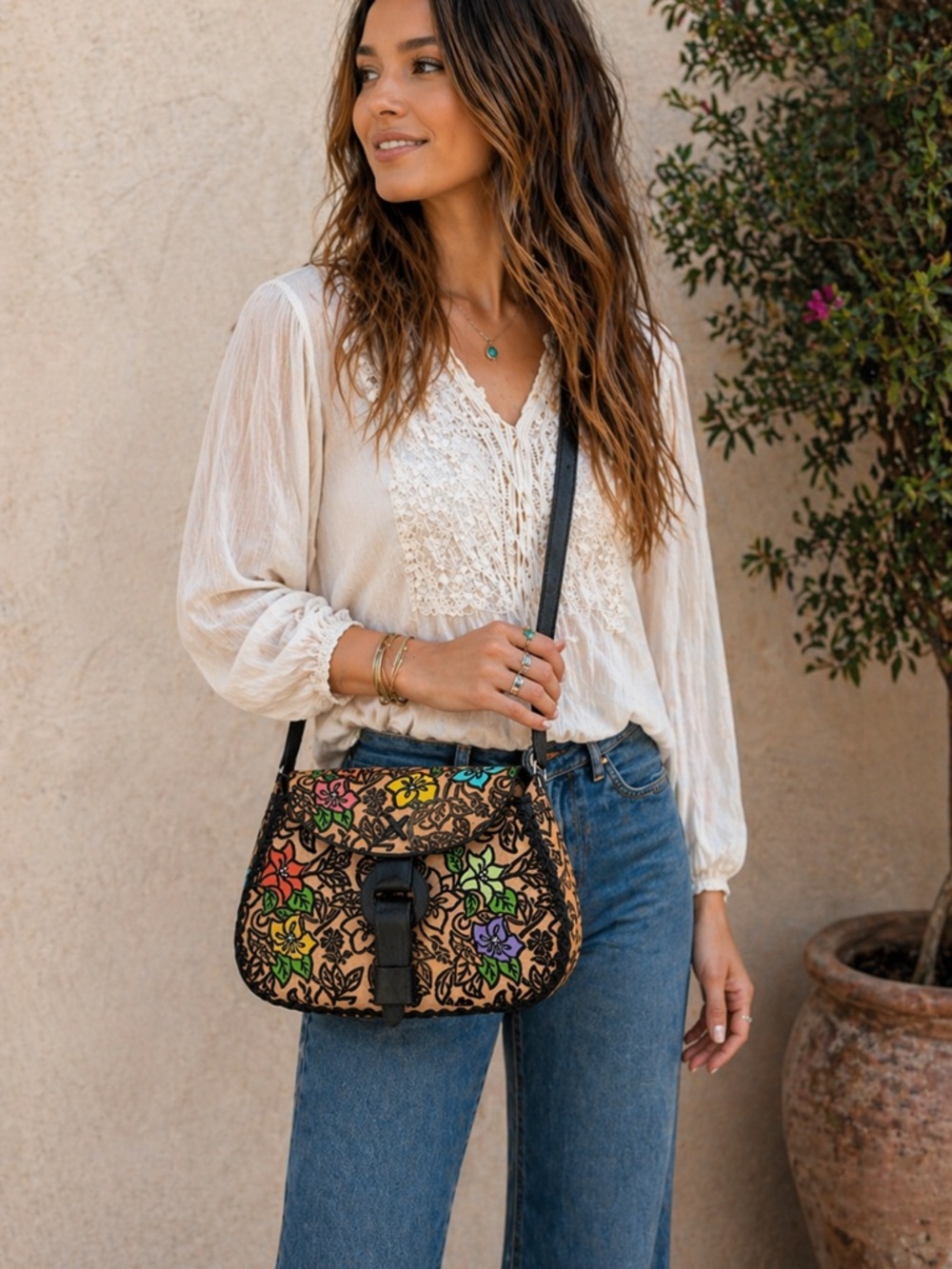 Hand Tooled Leather Floral Crossbody Bag, Boho Western Painted Flower Purse Rare